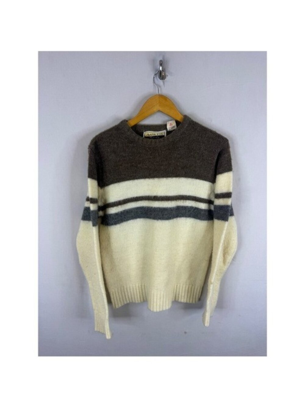 Vintage Arctic Fox Shetland Wool Blend Crewneck Sweater Brown Cream Mens Medium
